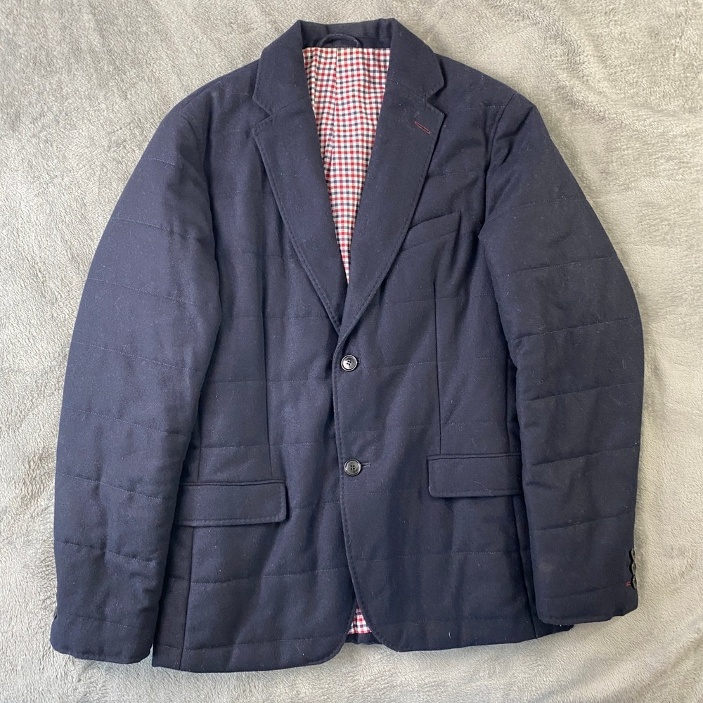 H&M Blazer Mens 38R Navy Blue Quilted Wool Blend Gingham Lined Sport Puffer Coat